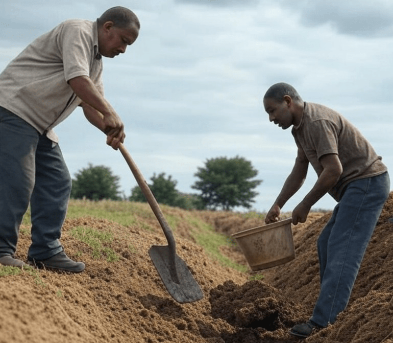 Two men at work while a third is sitting on his...