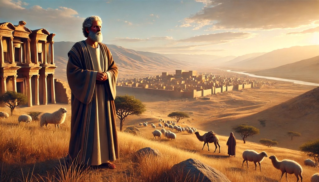 Job in the land of Uz—set in the solemn peace of dawn, with the city in the distance and his life of integrity quietly standing apart.